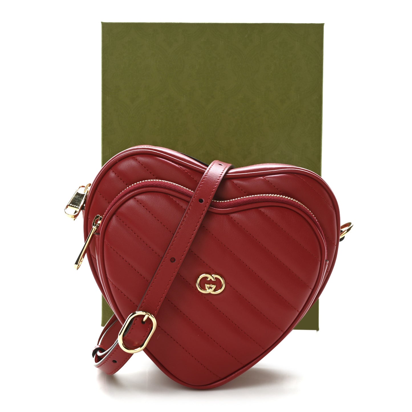 Calfskin Matelasse Diagonal Mini Interlocking G Heart Shoulder Bag Hibiscus Red
