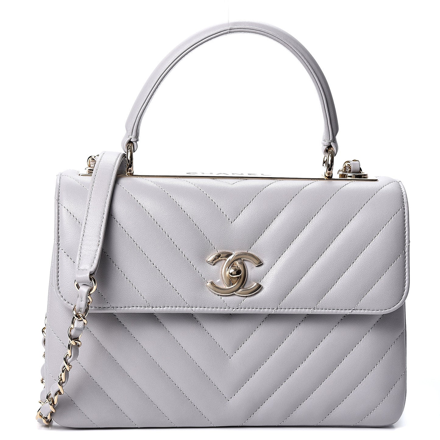 Lambskin Chevron Quilted Small Trendy CC Flap Dual Handle Bag Grey