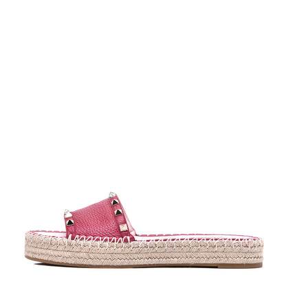 Valentino Garavani Pebbled Calfskin Rockstud Espadrille Flat Slide Sandals 38 Red 1 of 9