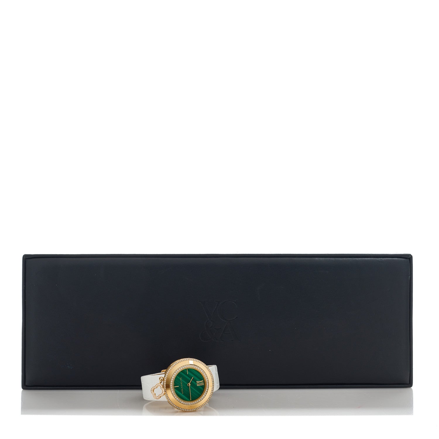 Van Cleef & Arpels 18K Yellow Gold Alligator Diamond Bezel Malachite 32mm Charms Quartz Watch 7 of 7