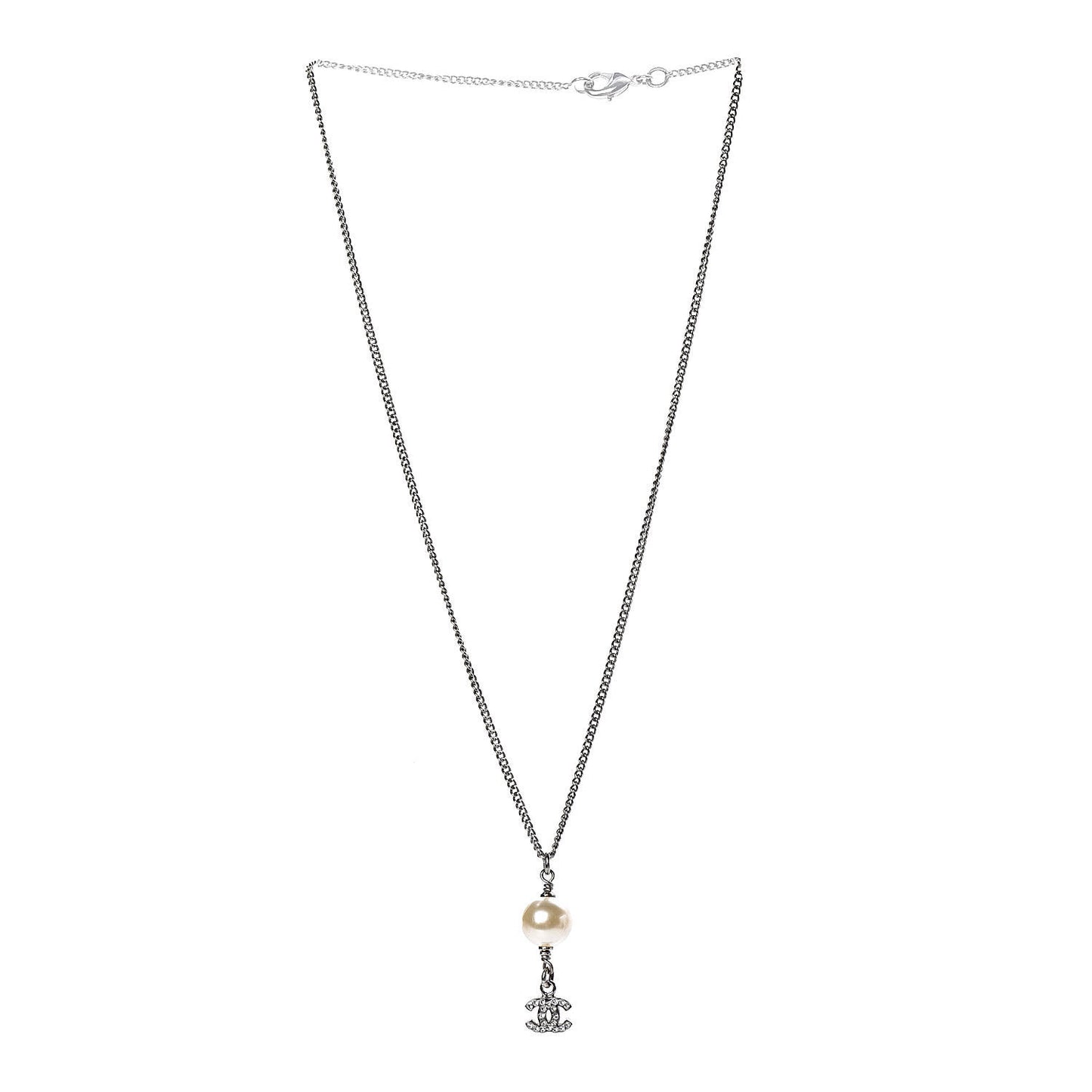 Crystal Pearl CC Drop Necklace Silver