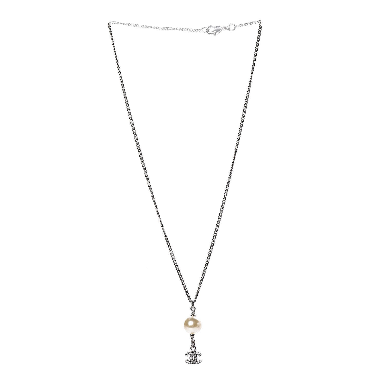 Chanel Crystal Pearl CC Drop Necklace Silver 3 of 5