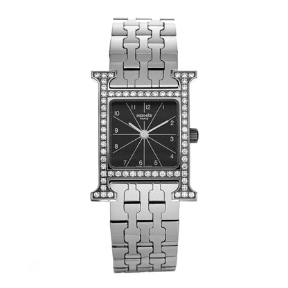 Hermes Stainless Steel Diamond Bezel 21mm Heure H Hour Quartz Watch Noir 1 of 5