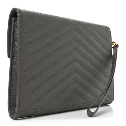 Saint Laurent Grain De Poudre Matelasse Chevron Monogram Envelope Clutch Fog 3 of 11