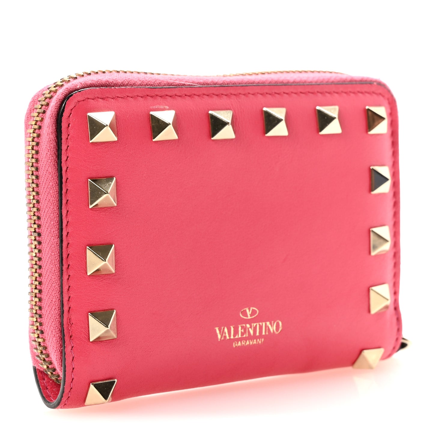 Calfskin Rockstud Zip Around Coin Case Card Holder Shadow Pink
