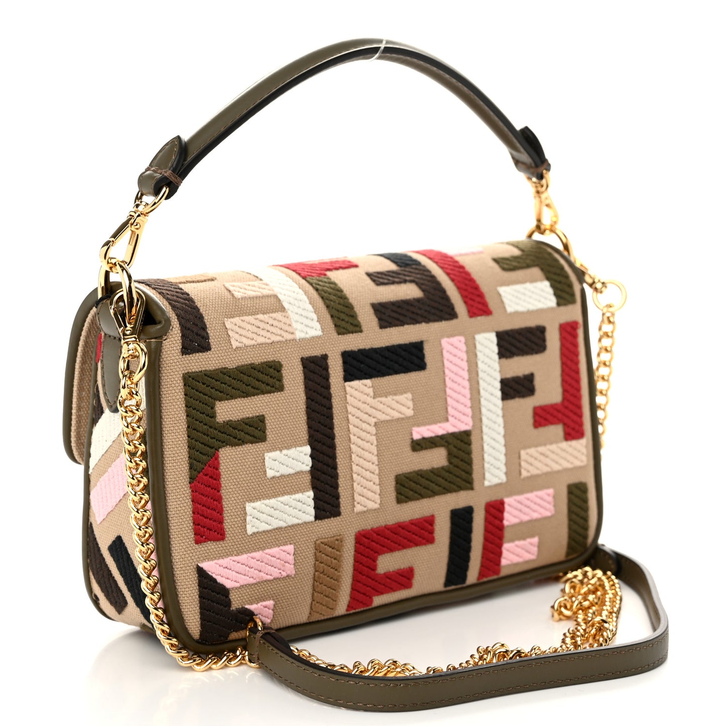 Canvas Vitello King Seta FF Embroidered Mini Baguette Multicolor