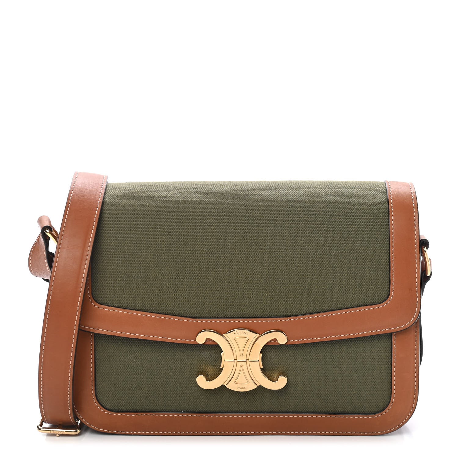 Celine Textile Natural Calfskin Classique Triomphe Khaki Tan 1 of 10