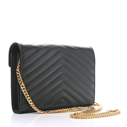 Saint Laurent Grain De Poudre Matelasse Chevron Monogram Chain Wallet Dark Green 2 of 9