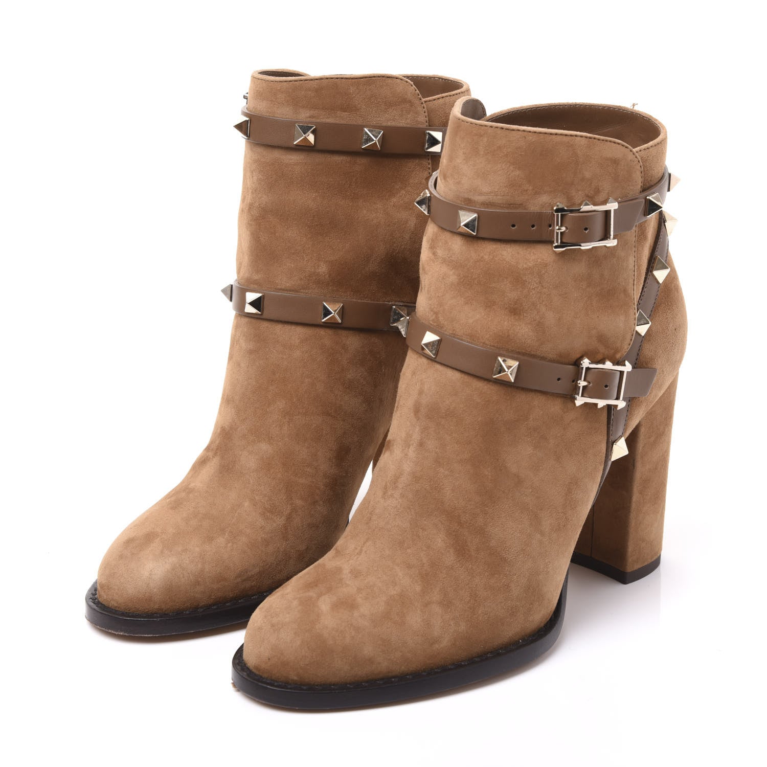 Valentino Garavani Suede Rockstud Double Buckle 100mm Block Heel Ankle Boots 35.5 Nocciola 2 of 9