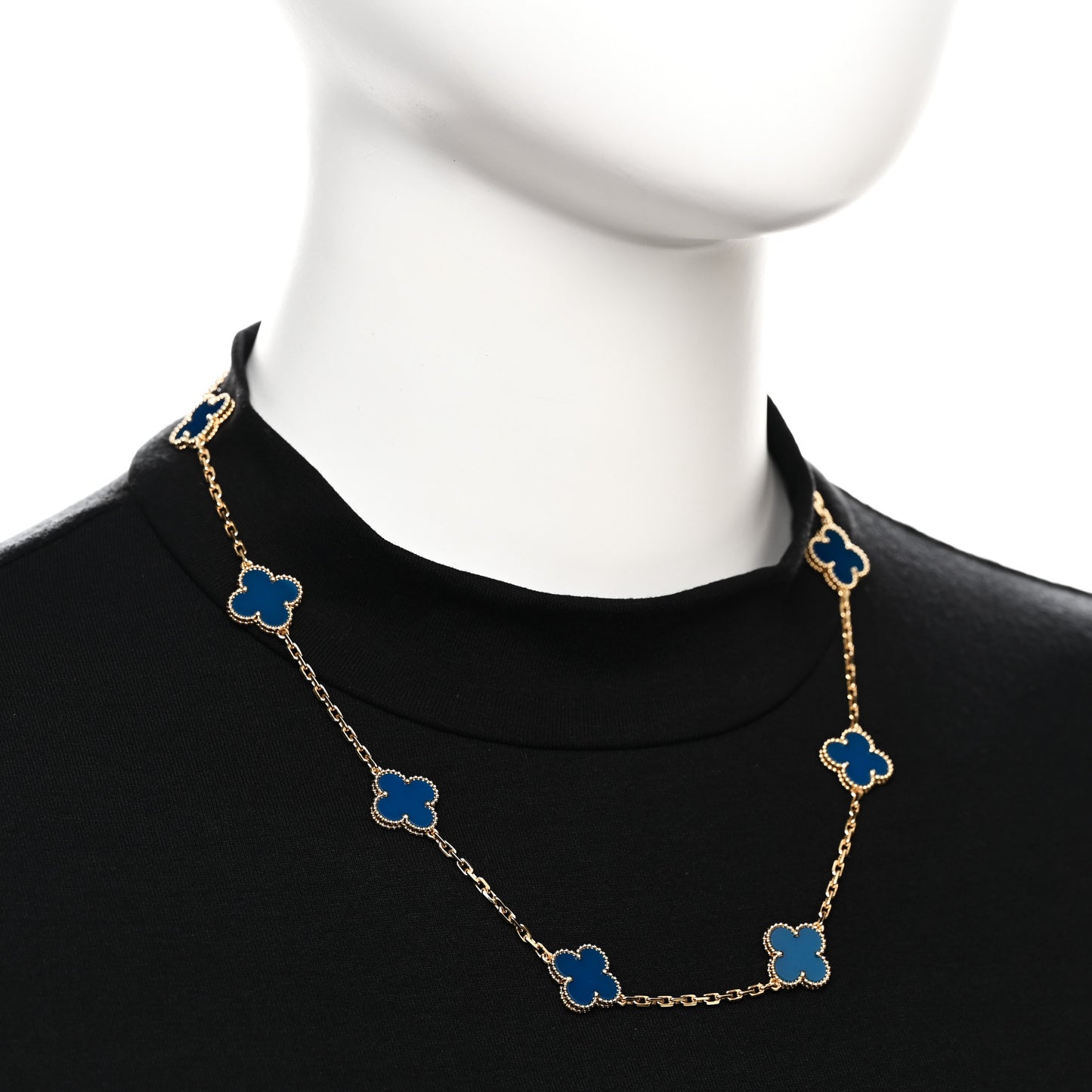 18K Yellow Gold Blue Agate 10 Motifs Vintage Alhambra Necklace