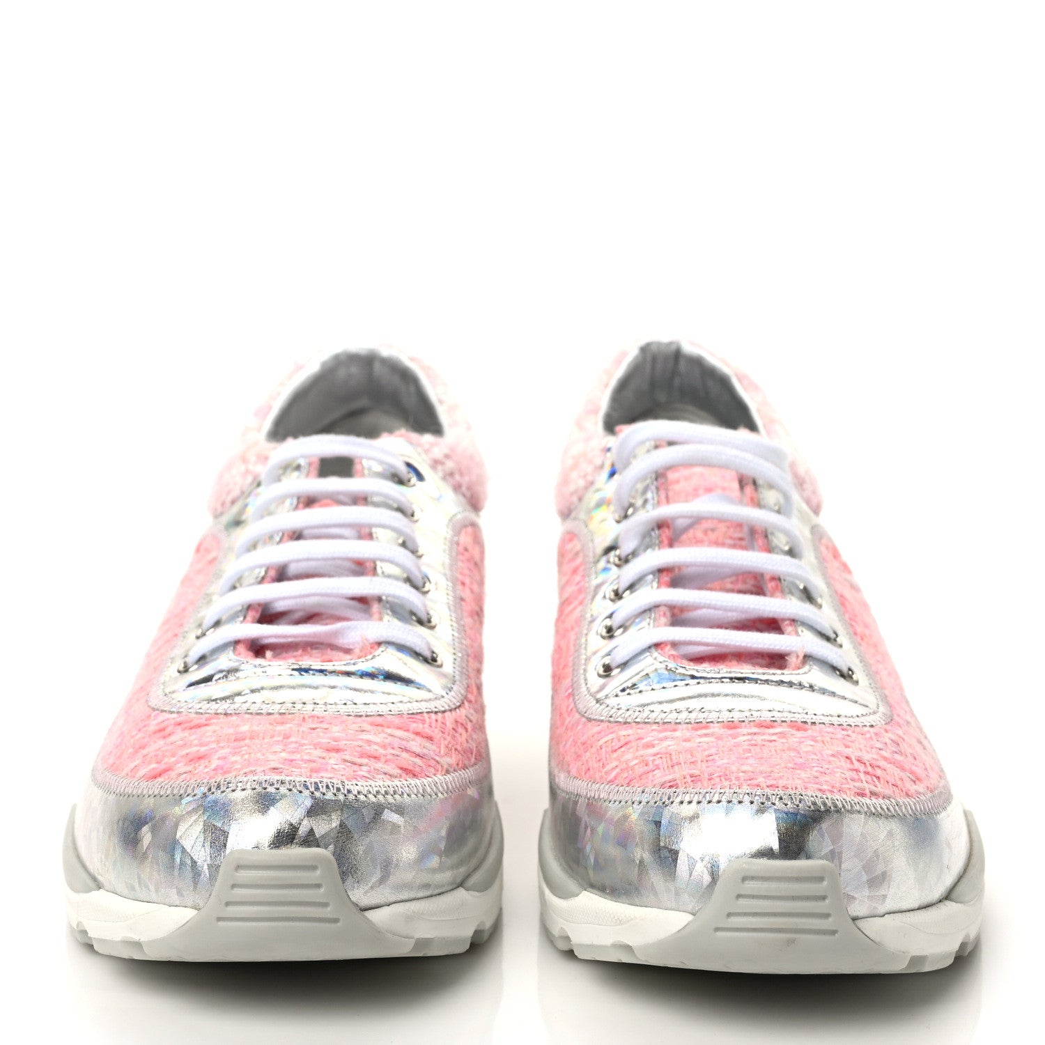 Chanel Tweed Suede Calfskin Sneakers 40 Silver Pink 2 of 8
