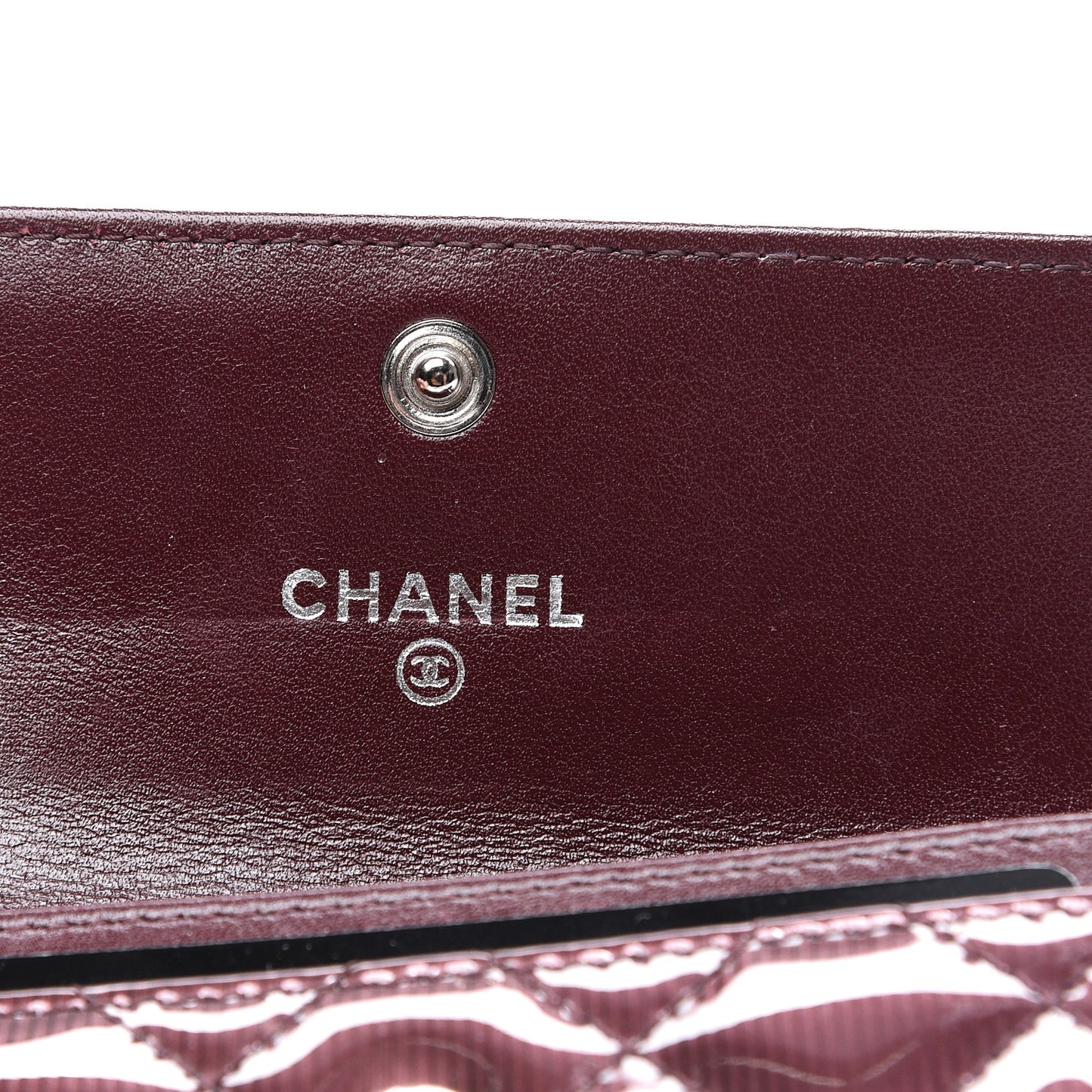 Striated Patent Quilted Flap Card Holder Burgundy