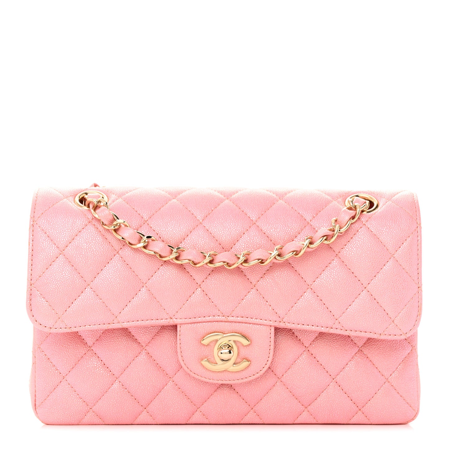Iridescent Caviar Quilted Small Double Flap Pink