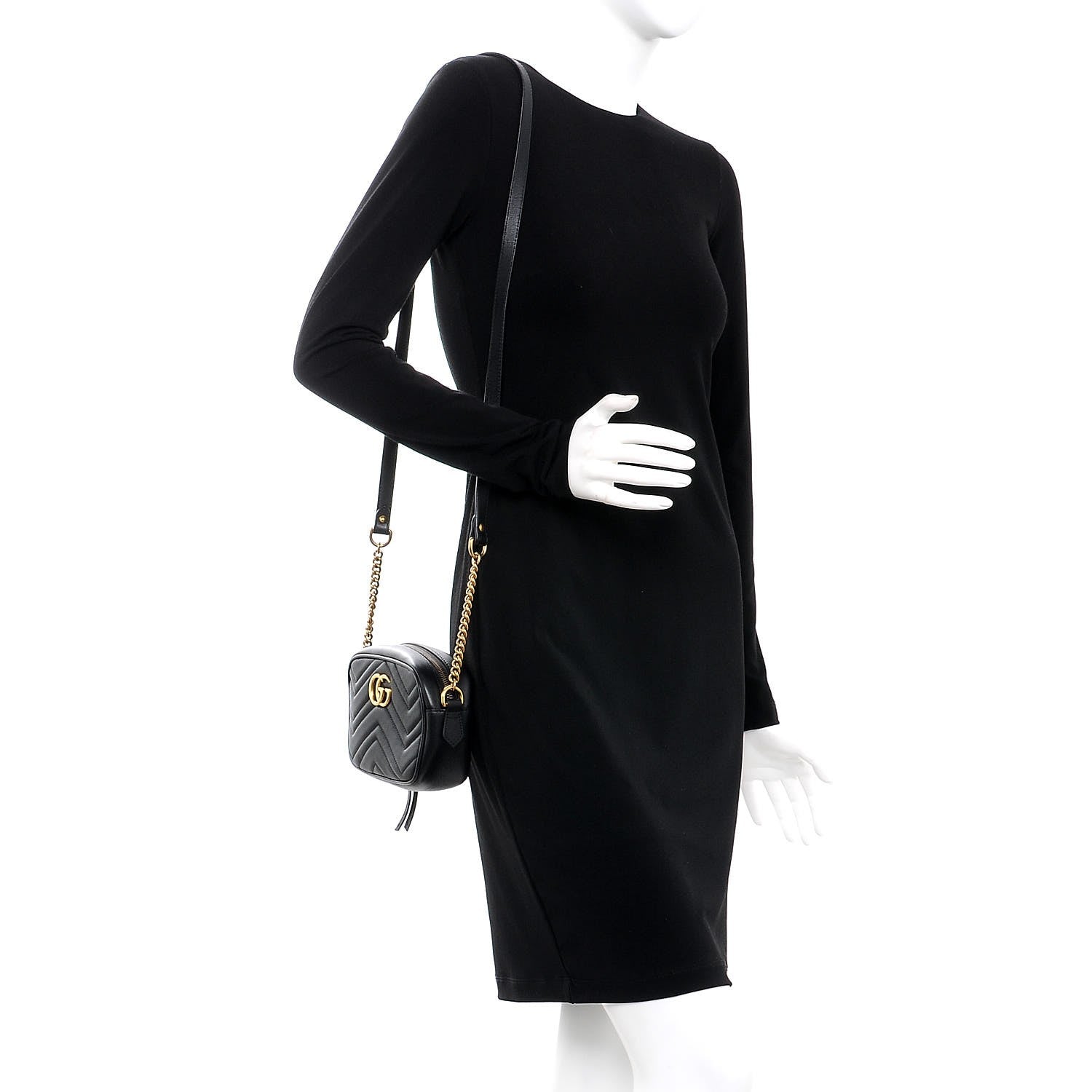 Gucci Calfskin Matelasse Mini GG Marmont Chain Shoulder Bag Black 2 of 8
