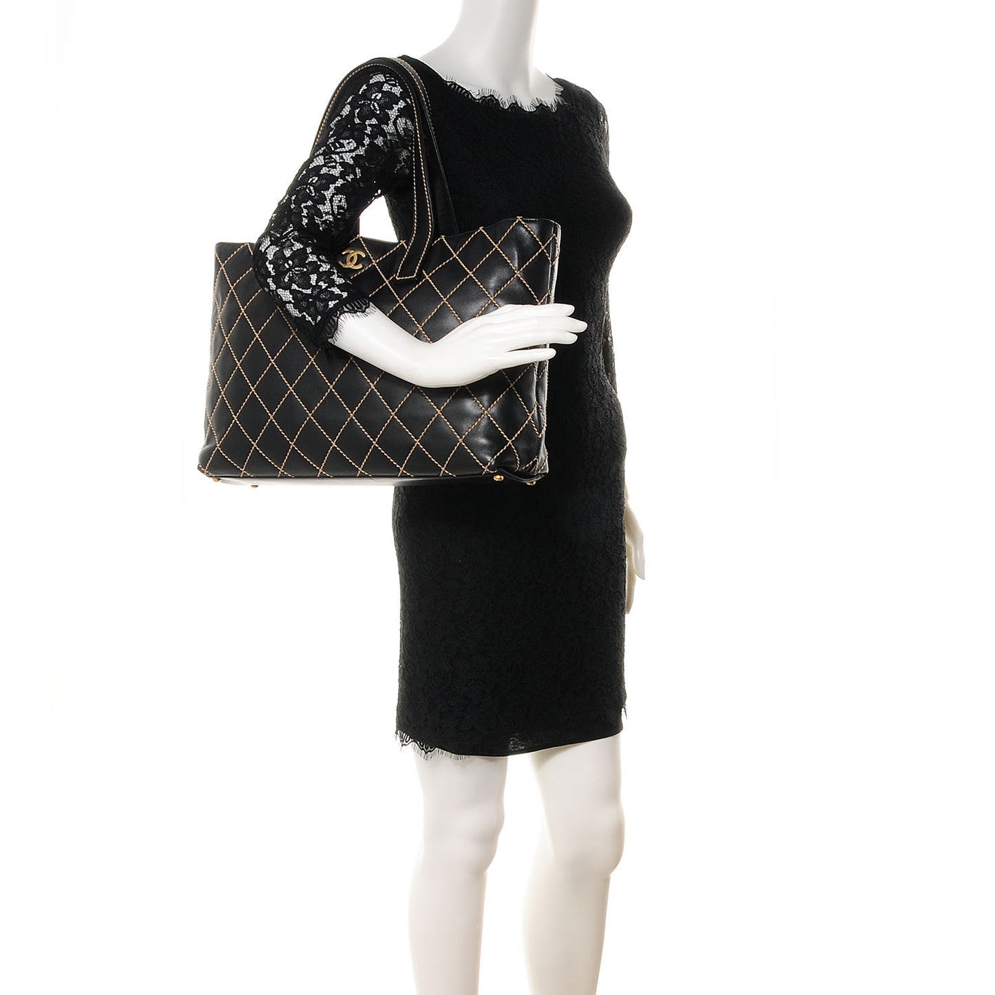 Leather Contrast Stitch Surpique Shopping Tote Black