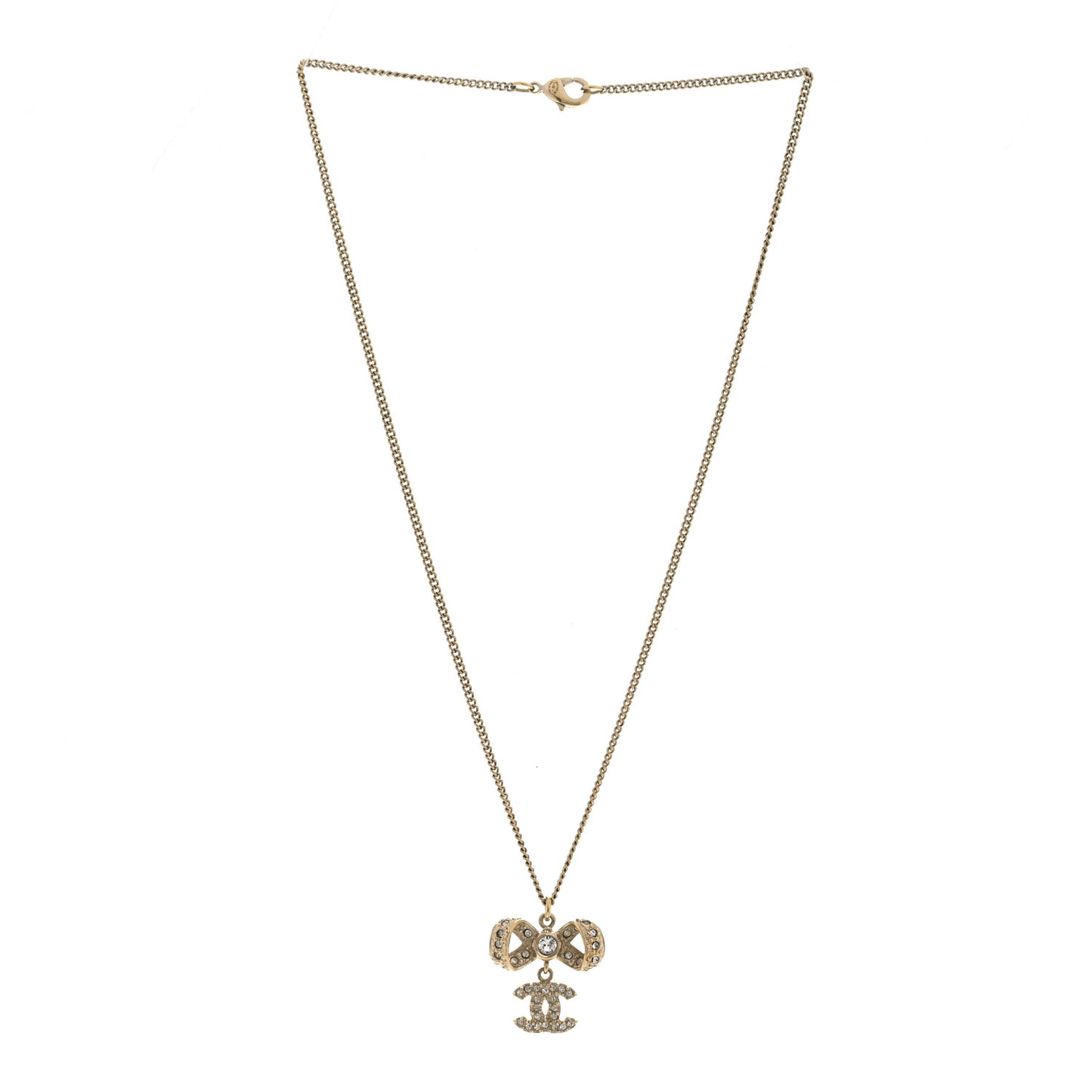Metal Crystal CC Bow Drop Necklace Gold