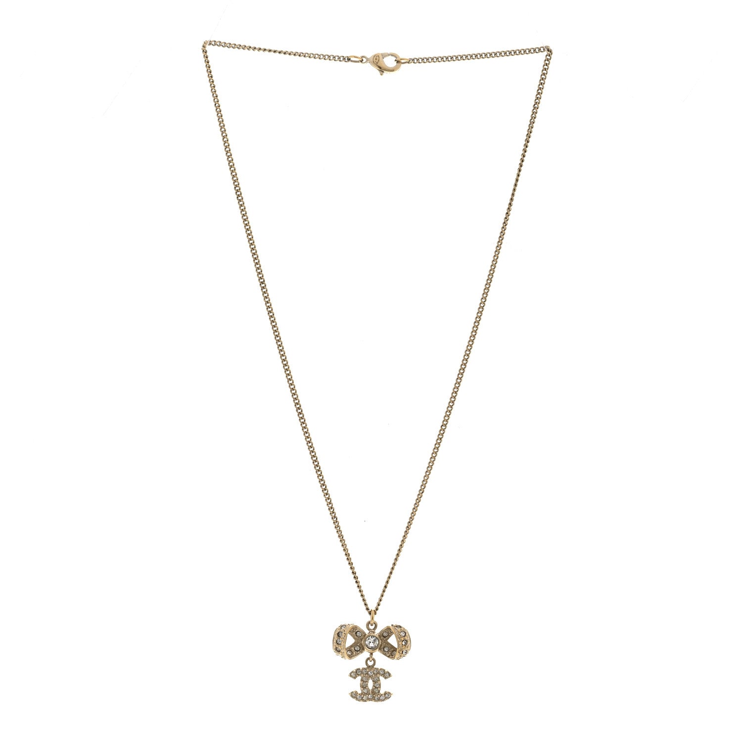 Chanel Metal Crystal CC Bow Drop Necklace Gold 3 of 5