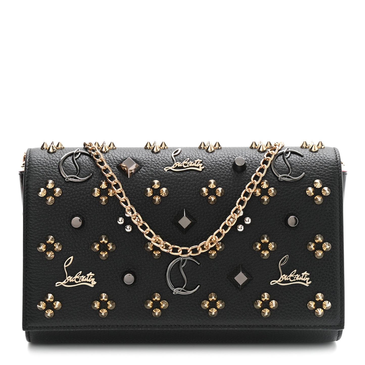 Grained Calfskin Spikes Loubinthesky Paloma Wallet On Chain Black Multimetal