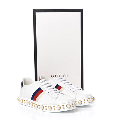 Gucci Calfskin Ayers Web Pearl Studded Womens Ace Sneakers Sneakers 39 White 8 of 8