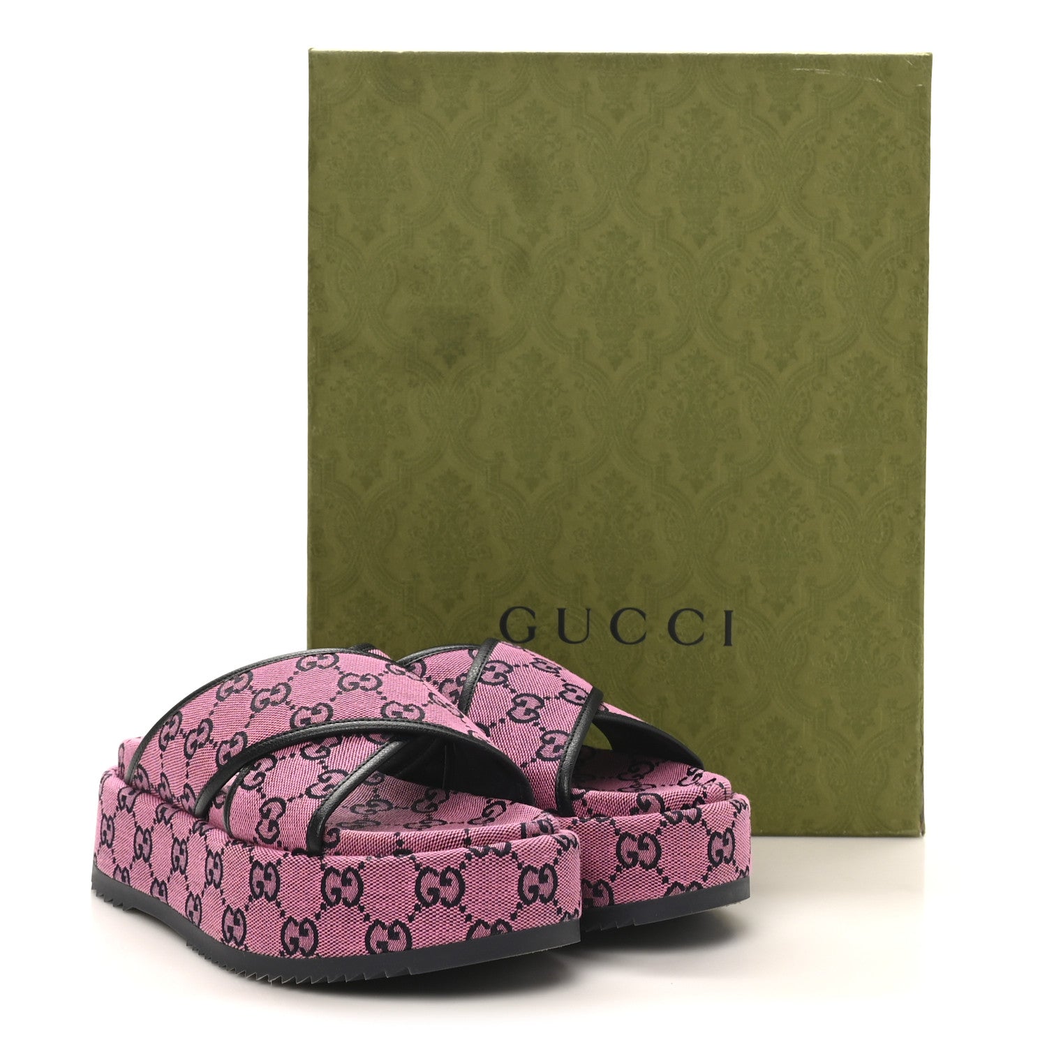 Gucci Monogram Multicolor Criss Cross Platform Slide Sandals 36.5