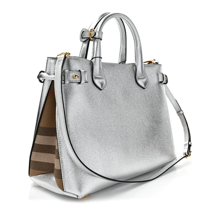 Burberry Metallic Grainy Calfskin House Check Medium Banner Tote Silver 3 of 14