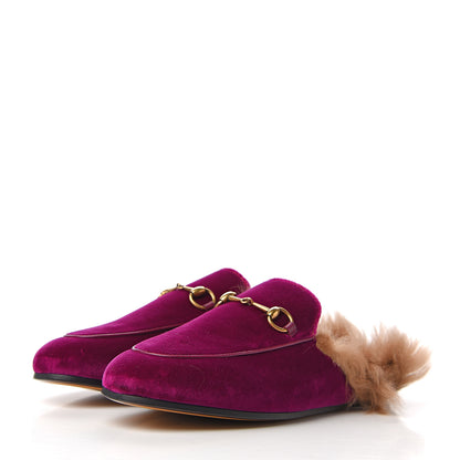 Gucci Velvet Fur Womens Princetown Slippers 38 Fucsia Violet Cyclamen Natural 3 of 8