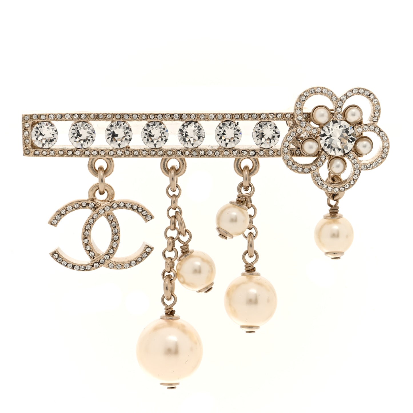 Pearl Crystal CC Flower Brooch Barrette Gold