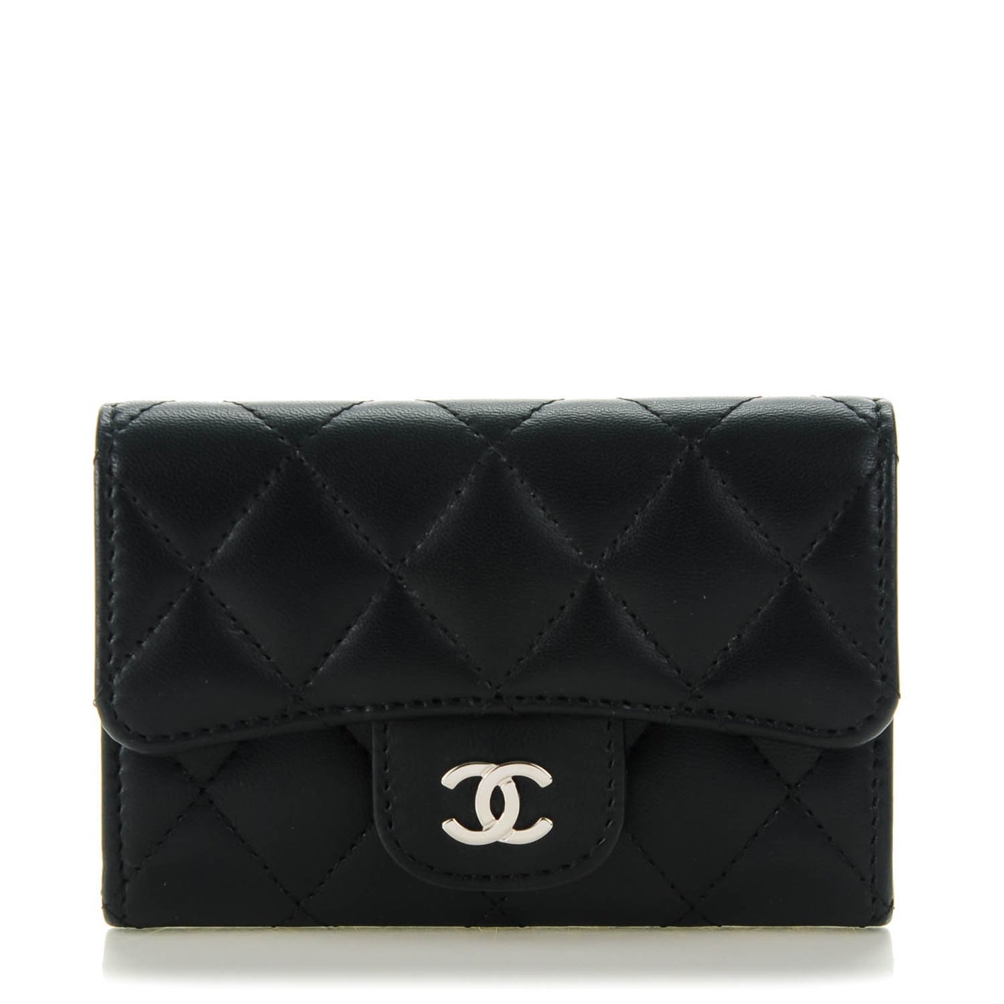 Lambskin Quilted Flap Card Holder Black