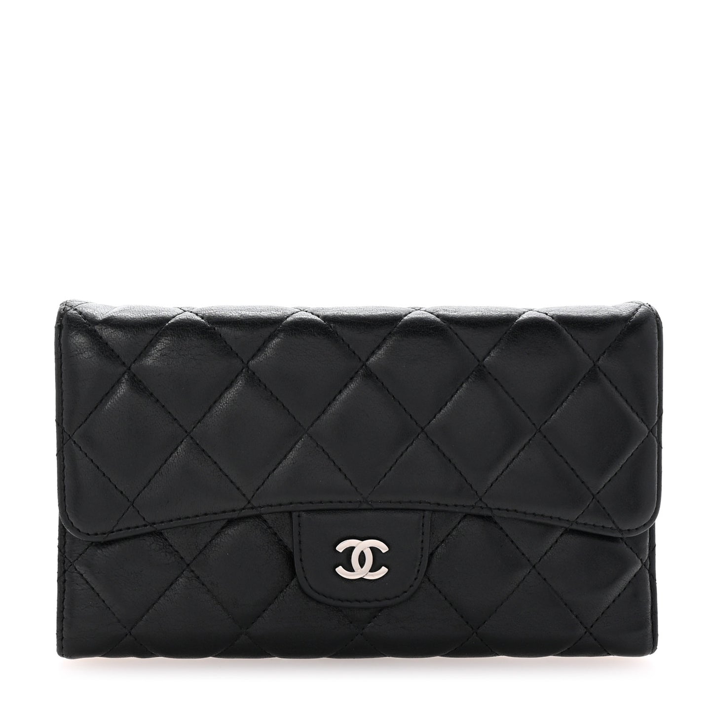 Lambskin Quilted Large Flap Wallet  Black
