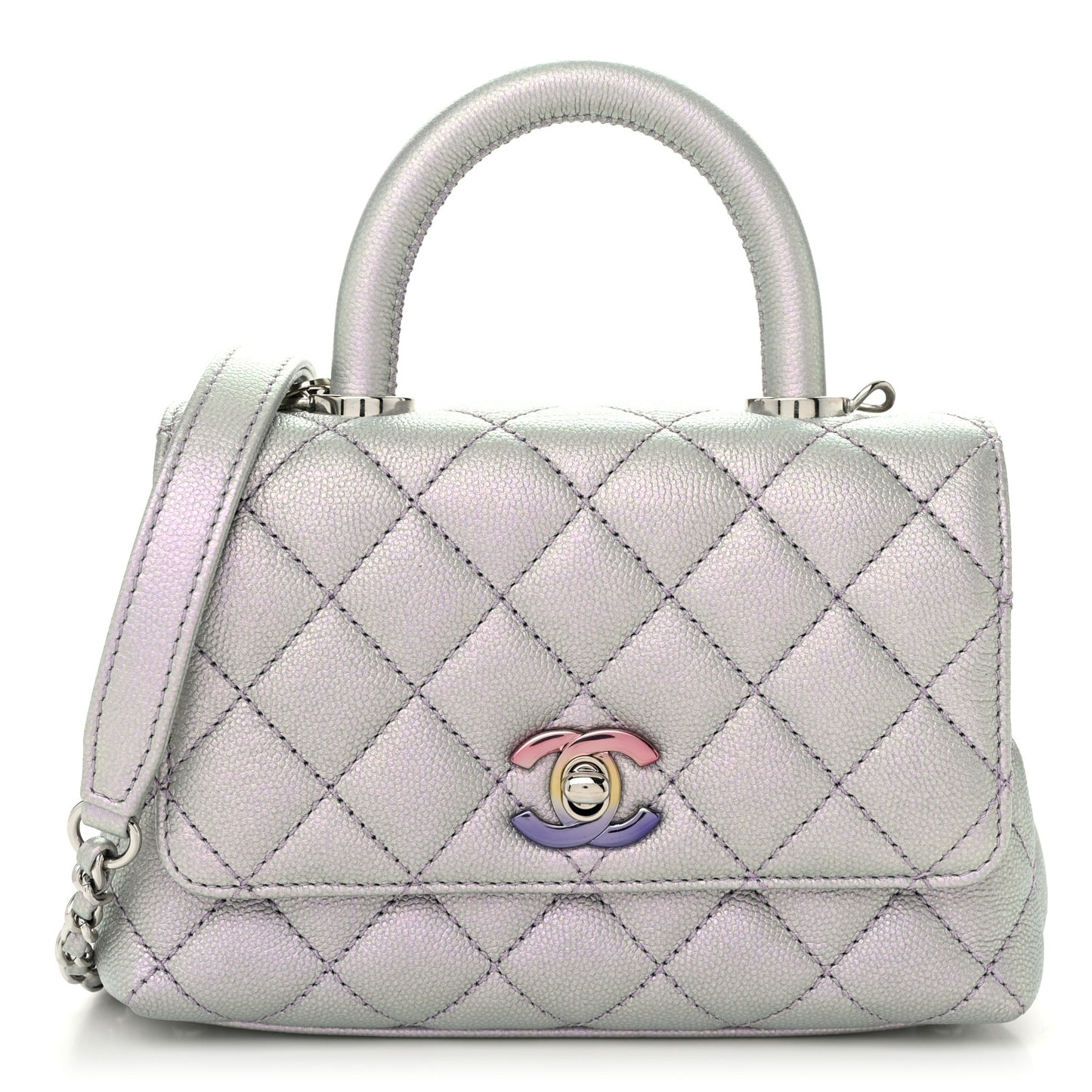 Iridescent Caviar Quilted Extra Mini Coco Handle Flap Light Blue