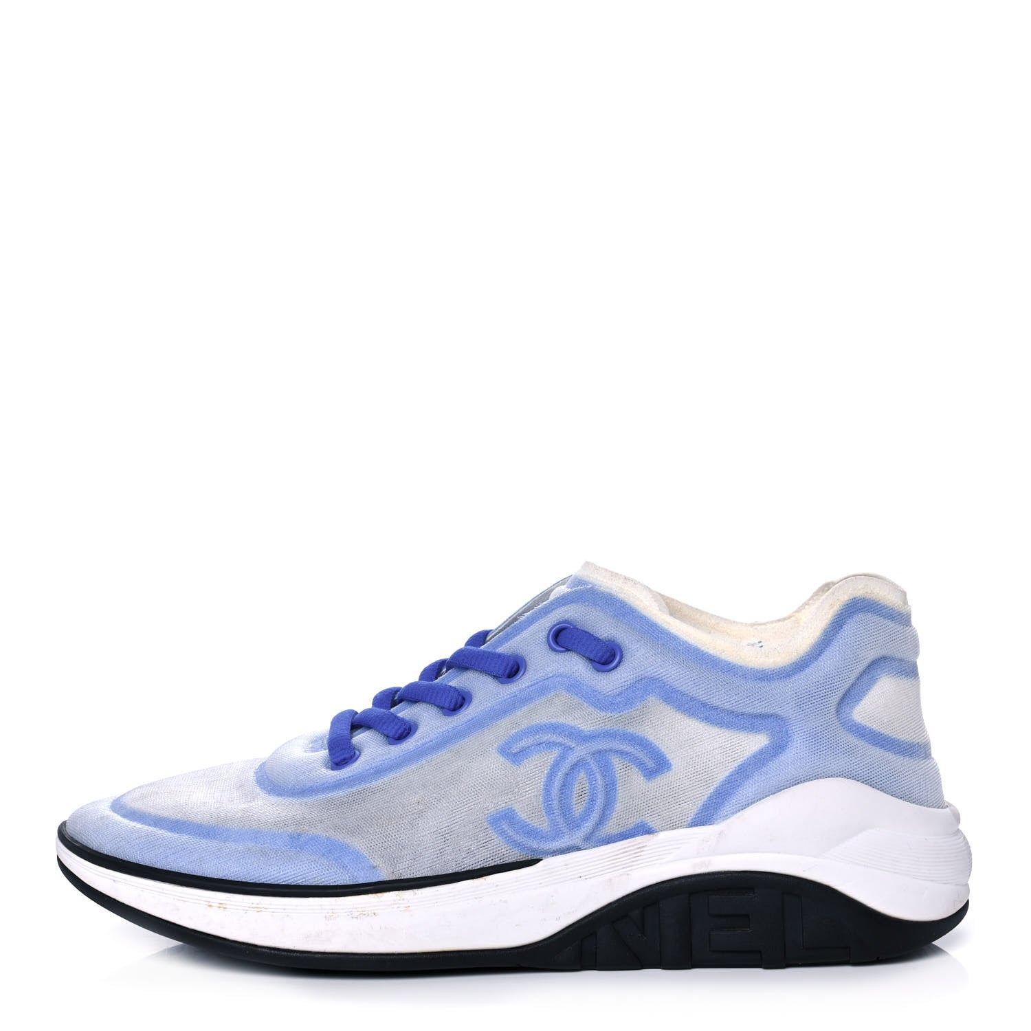 Chanel Calfskin Mesh Lyrca Womens Logo Sneakers 38 White Blue 1 of 7