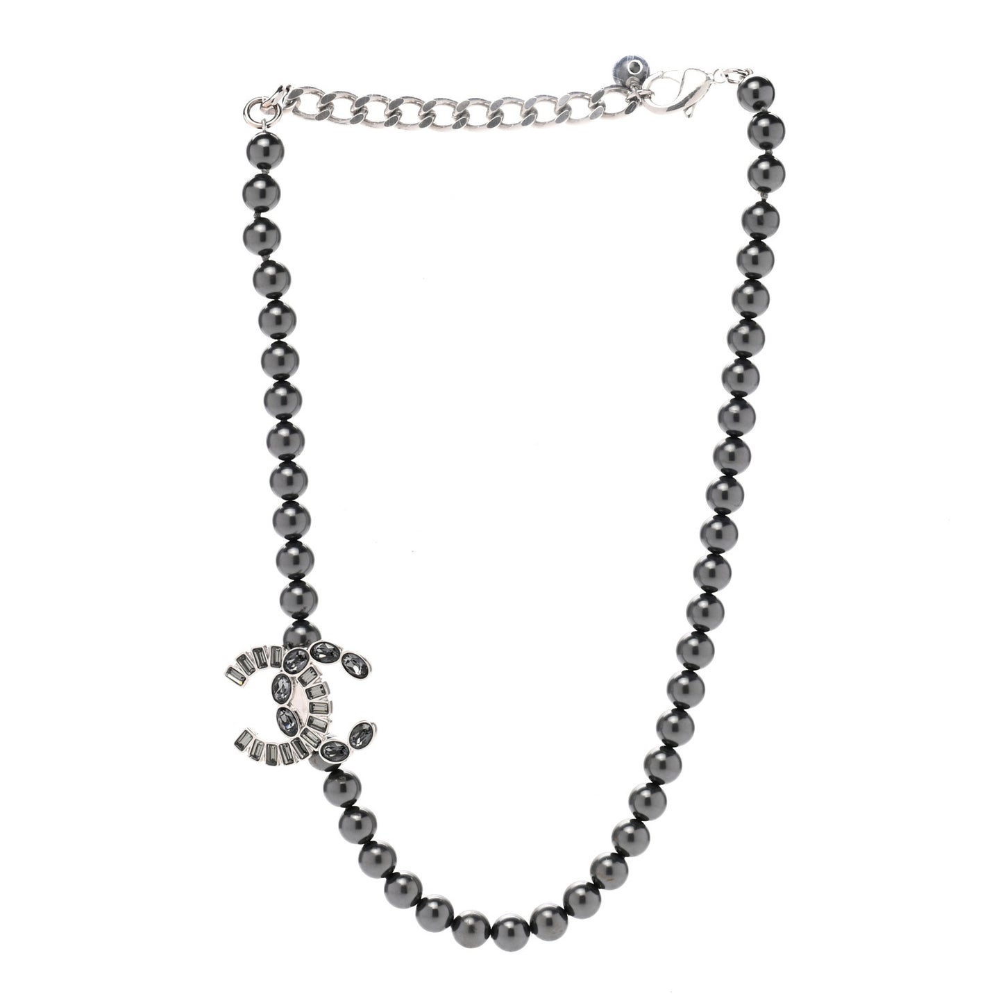 Pearl Baguette Crystal CC Necklace Silver Grey