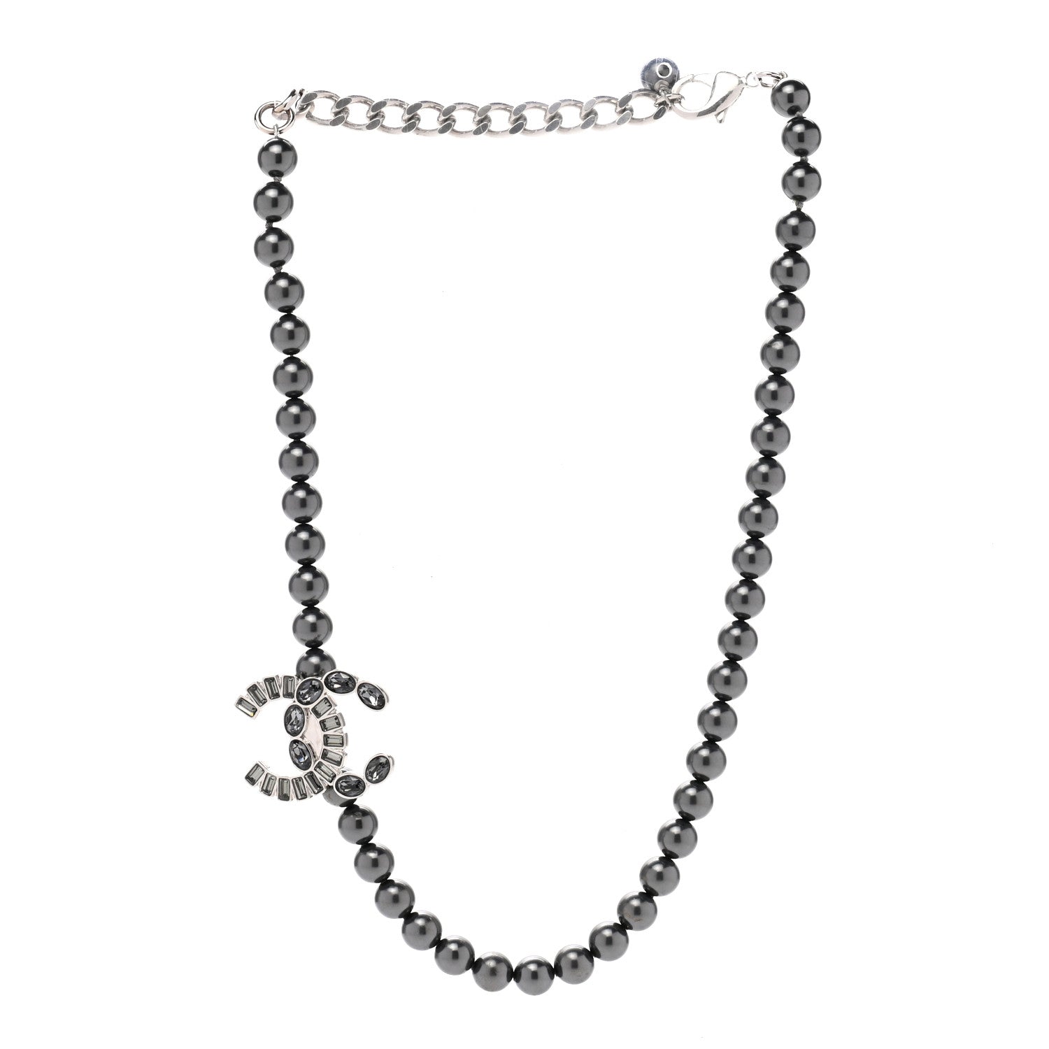 Chanel Pearl Baguette Crystal CC Necklace Silver Grey 4 of 6