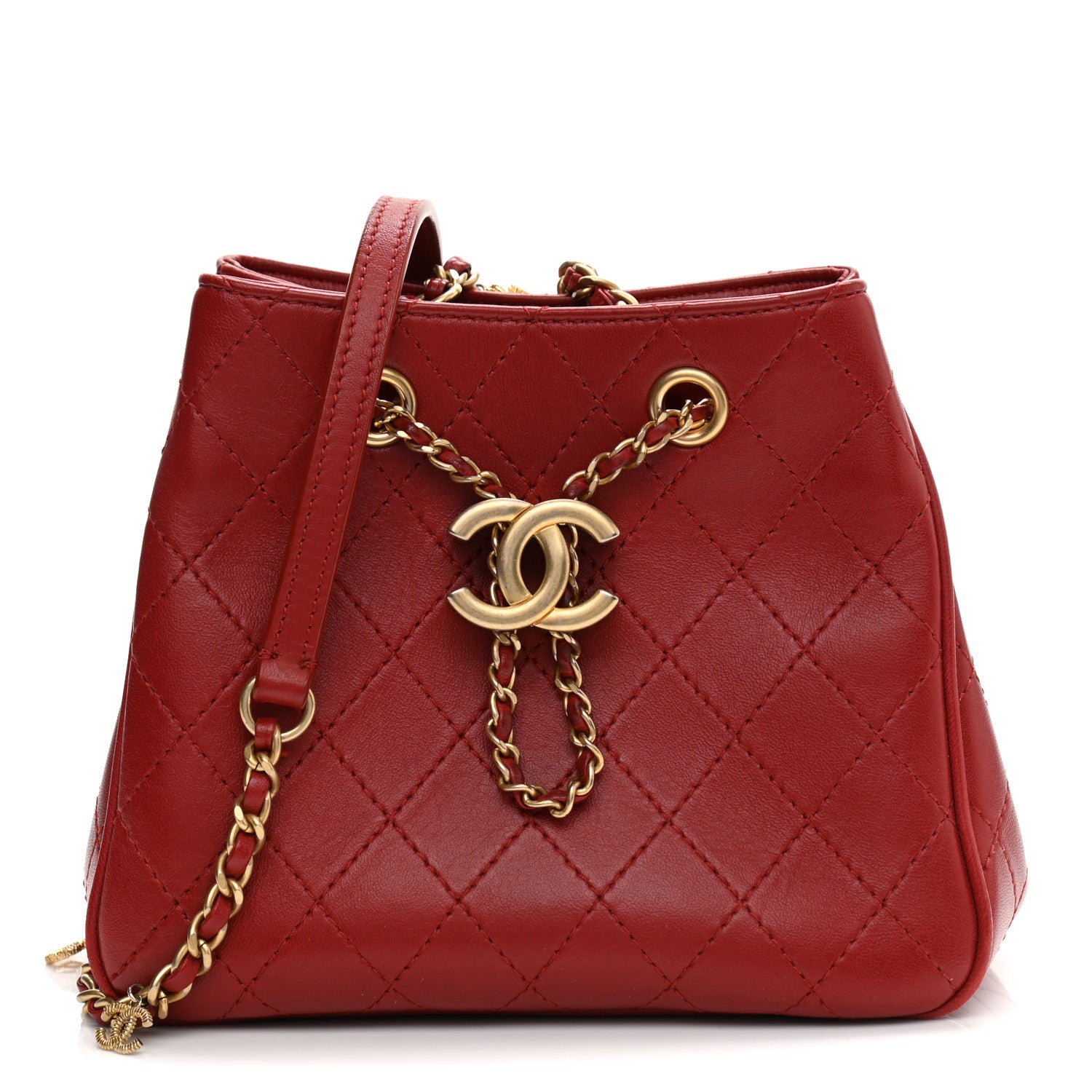 Chanel Calfskin Stitched Small Egyptian Amulet Drawstring Bag Red 1 of 10