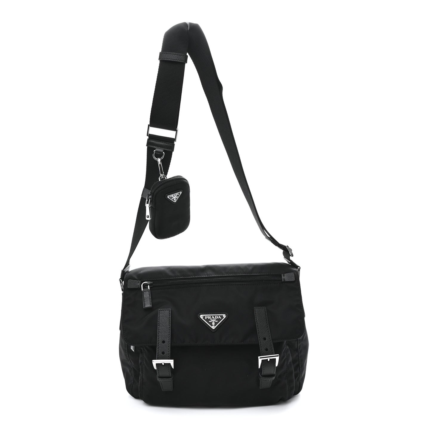 Re-Nylon Vela Saffiano Pocket Double Buckle Messenger Shoulder Bag Black