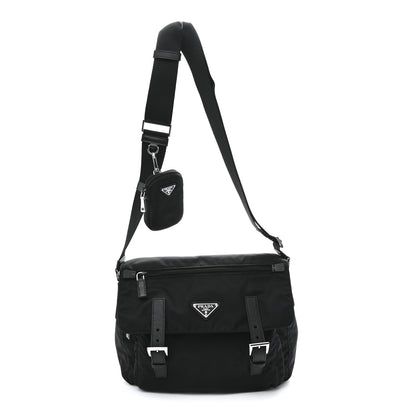 Prada Re-Nylon Vela Saffiano Pocket Double Buckle Messenger Shoulder Bag Black 1 of 10