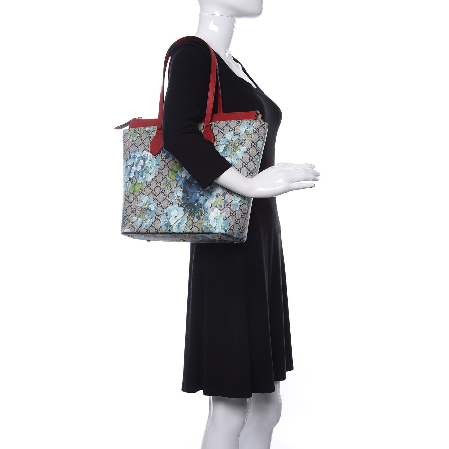 Gucci GG Supreme Monogram Blooms Medium Zippered Bucket Tote Beige Blue Navy Hibiscus Red 1 of 8