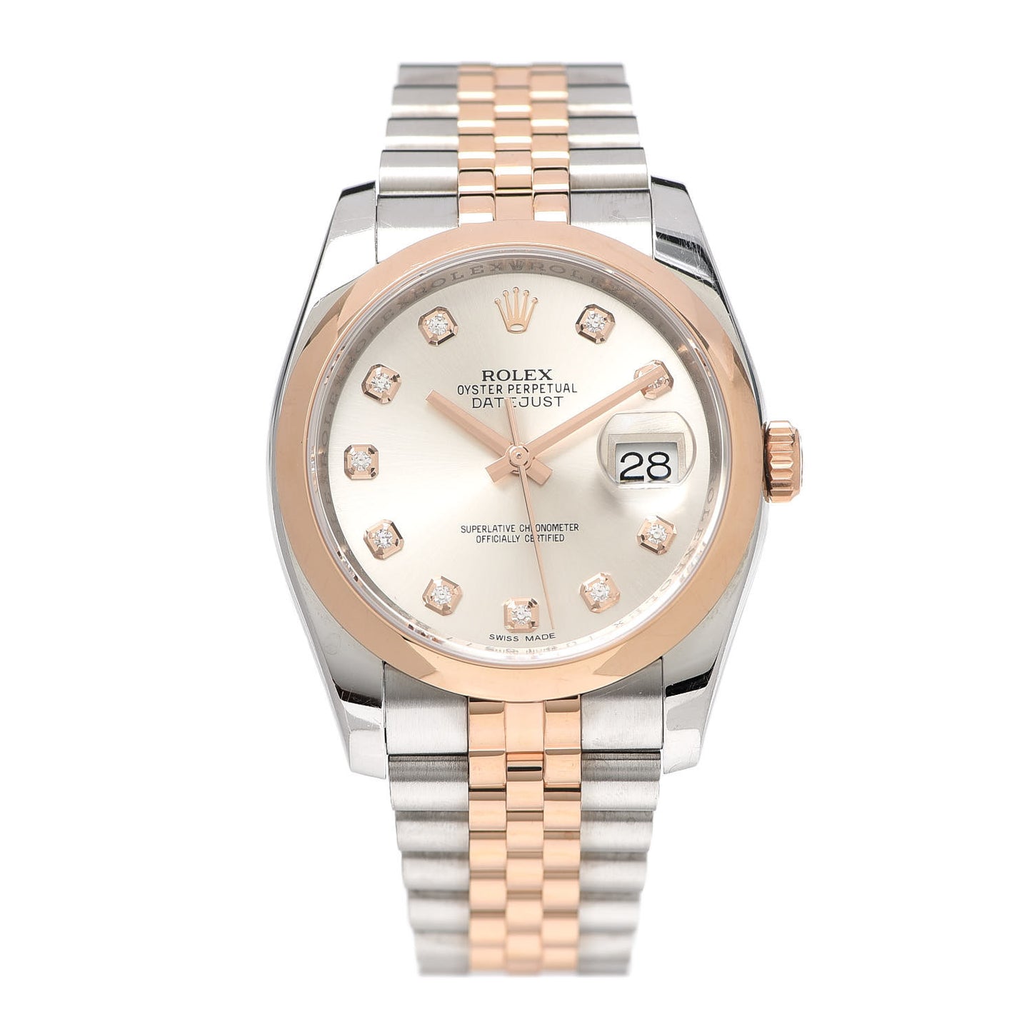 Stainless Steel 18K Everose Gold Diamond 36mm Oyster Perpetual Datejust Watch Silver 116201