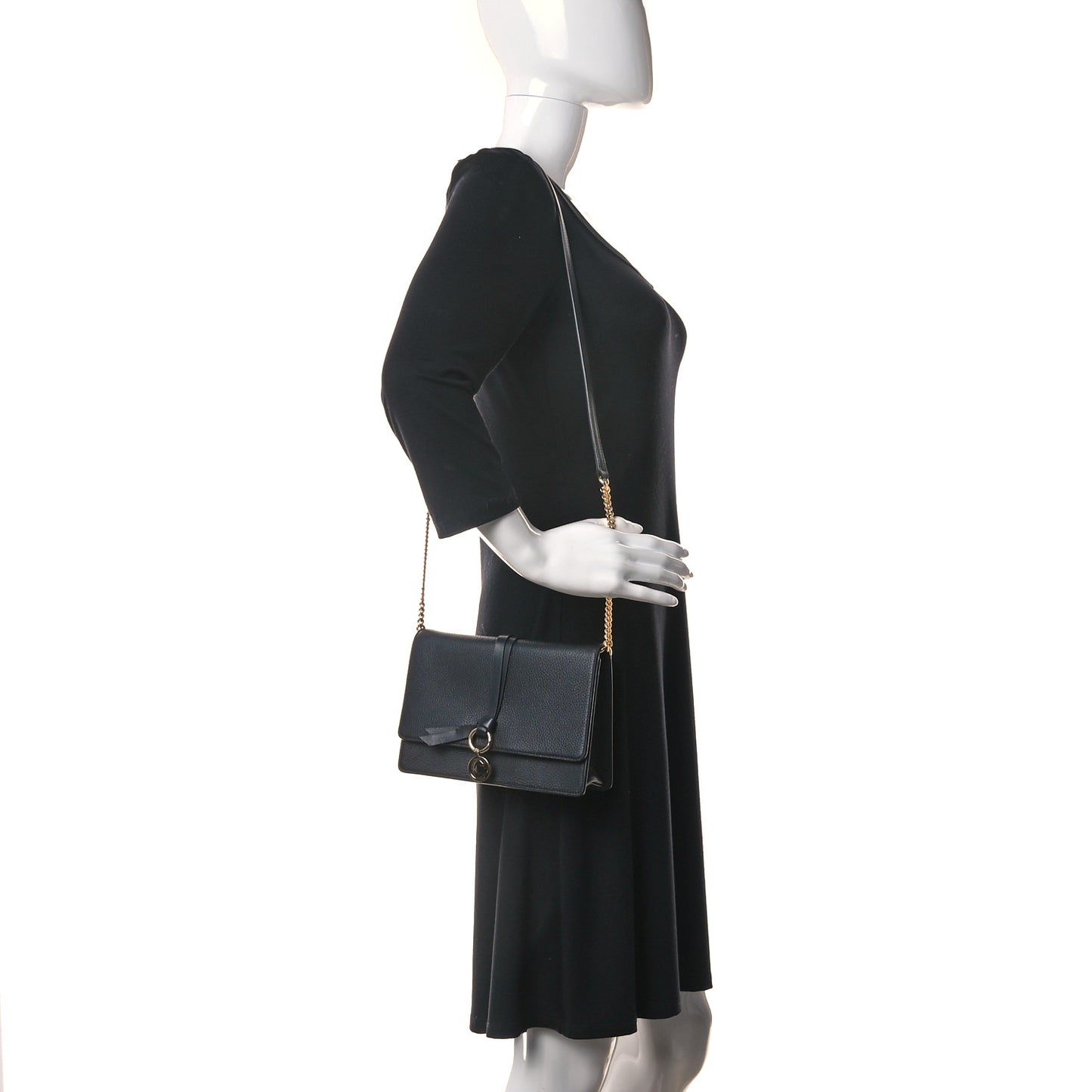 Grained Calfskin Alphabet Clutch Shoulder Bag Black