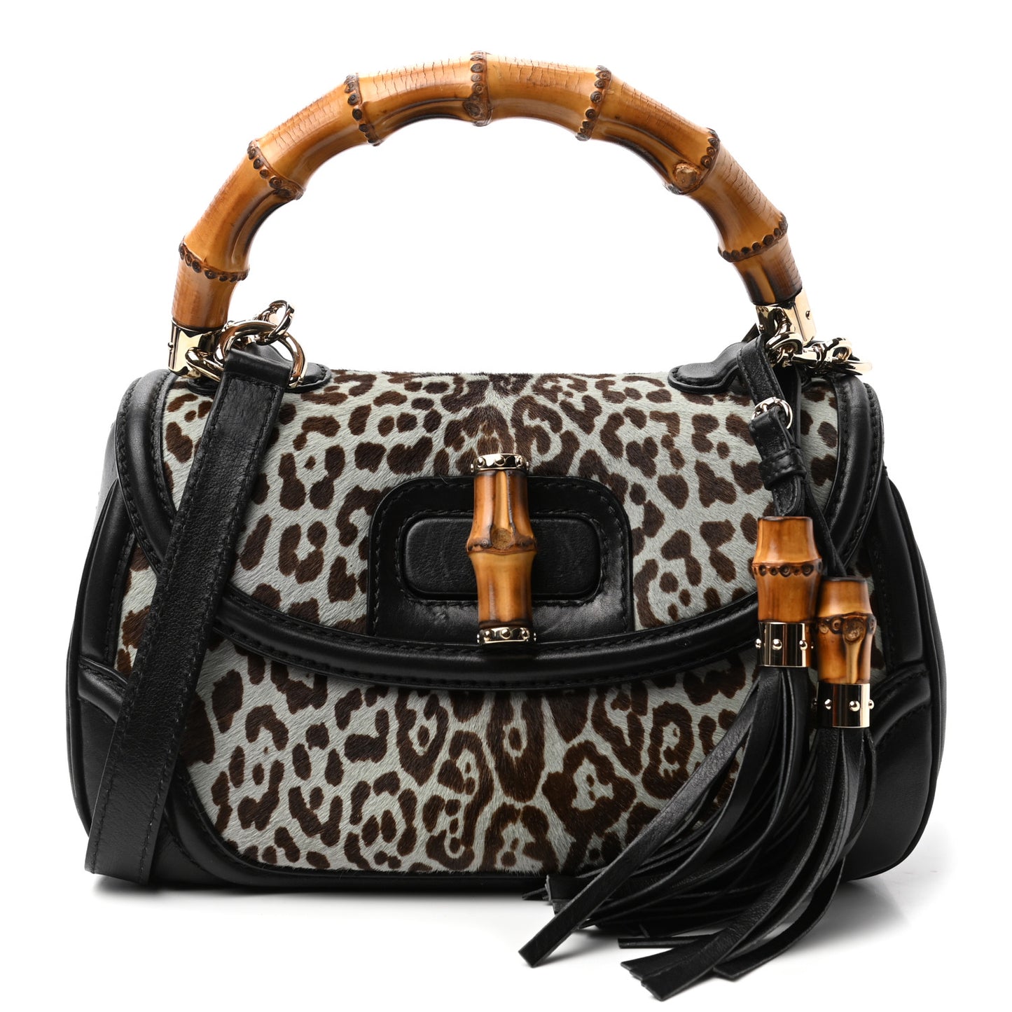 Pony Hair Jaguar Print New Bamboo Medium Top Handle Bag
