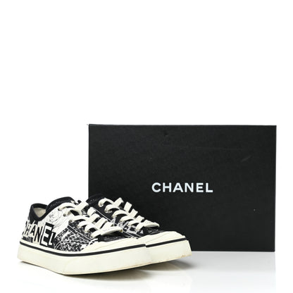 Chanel Printed Fabric Low Top Logo Sneakers 35.5 White Black 13 of 13