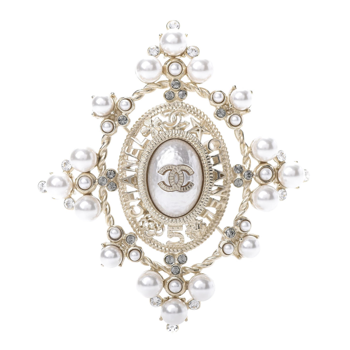 Pearl Crystal CC Brooch Gold