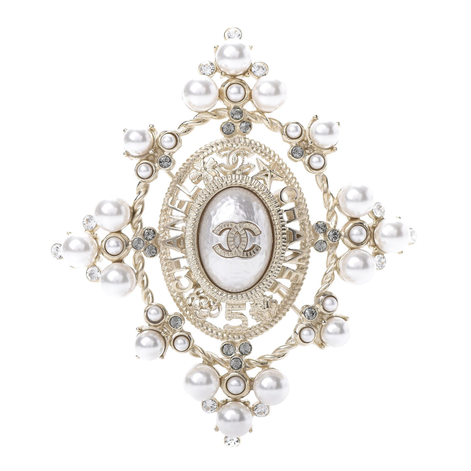 Chanel Pearl Crystal CC Brooch Gold 1 of 5