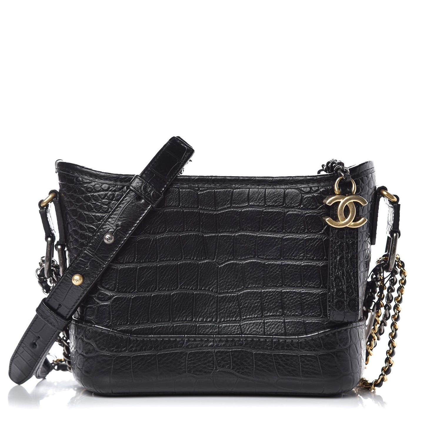 Calfskin Crocodile Embossed Small Gabrielle Cocodile Hobo Black