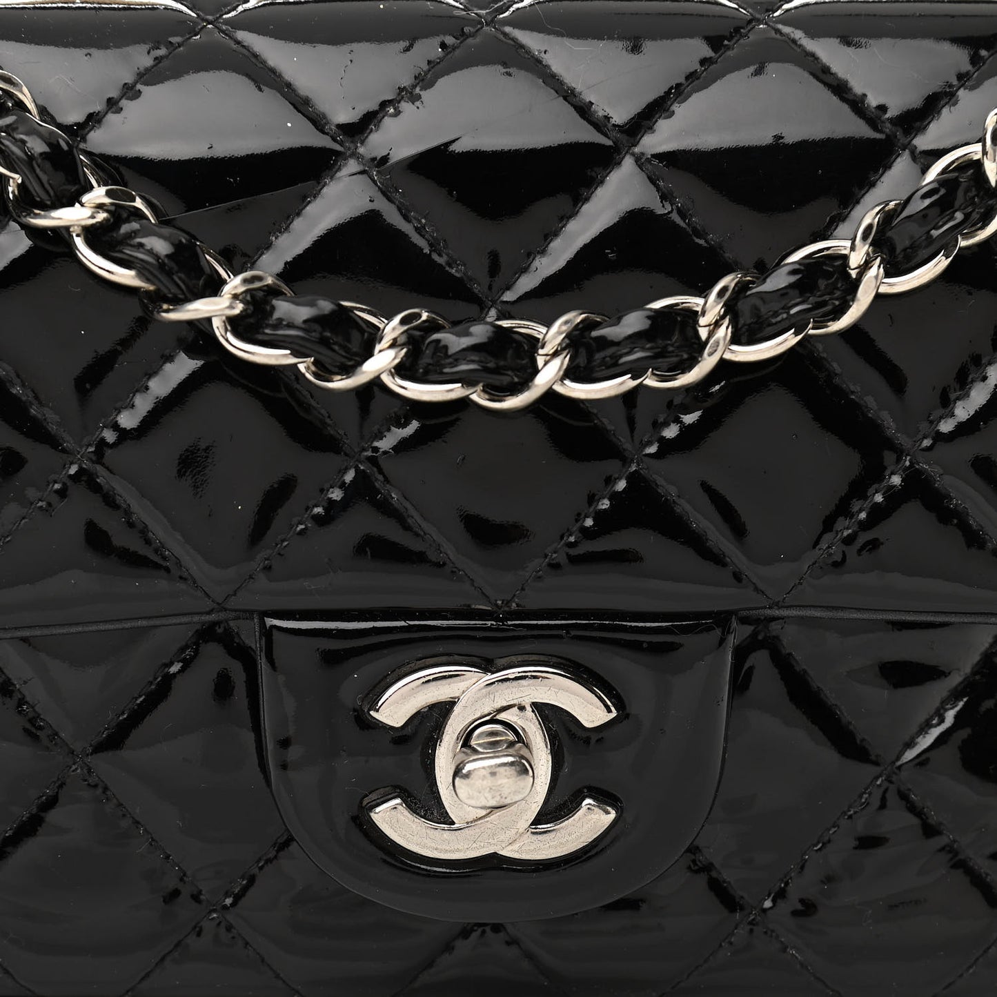 Patent Calfskin Quilted Mini Rectangular Flap Black