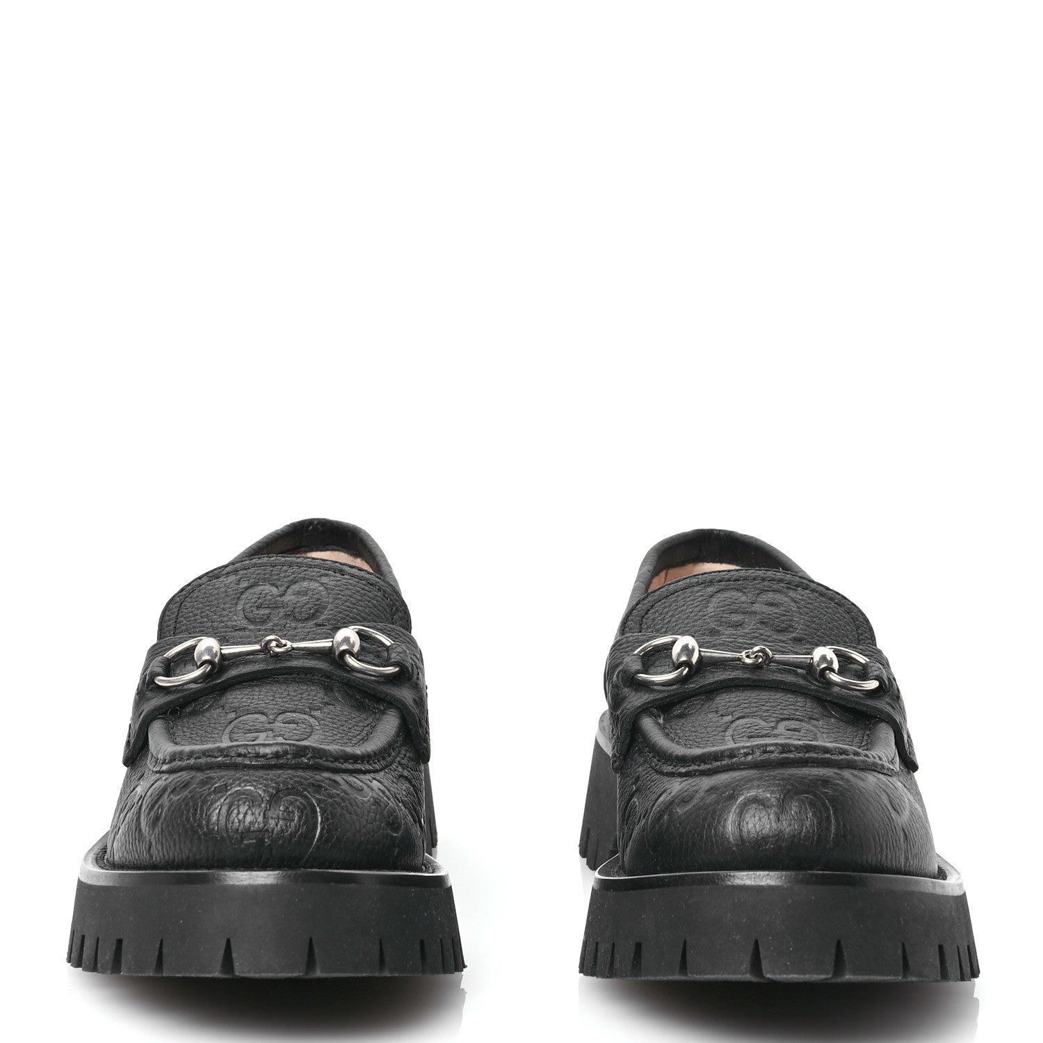 Gucci Piuma Calfskin Embossed Womens Platform Lug Sole Loafers 40 Black 2 of 12