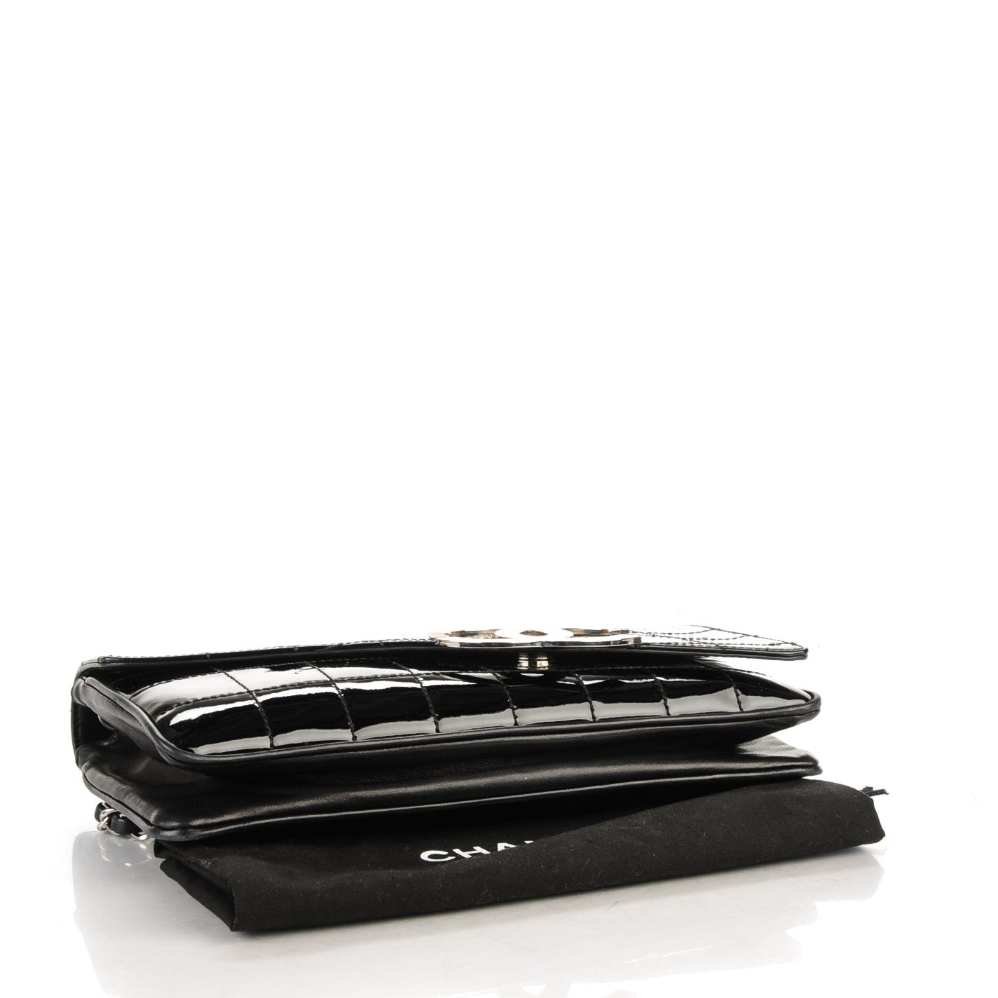 Patent Square Stitched CC Flap Clutch Black