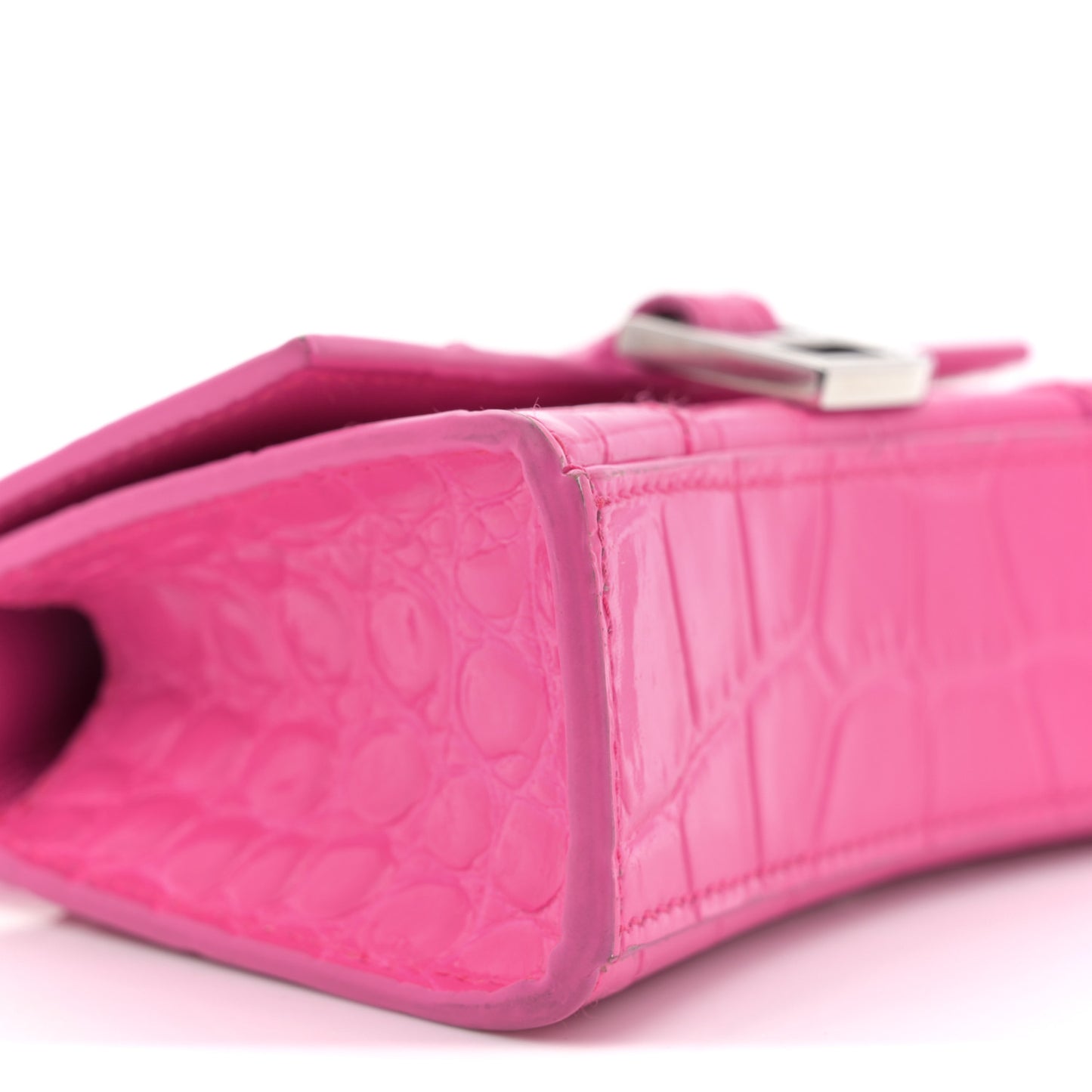 Shiny Calfskin Crocodile Embossed Hourglass Top Handle Bag Mini with Chain Neon Pink