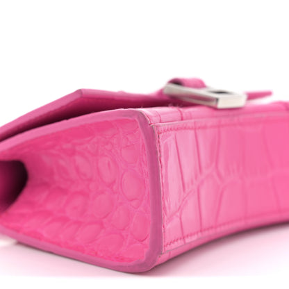 Balenciaga Shiny Calfskin Crocodile Embossed Hourglass Top Handle Bag Mini with Chain Neon Pink 9 of 13