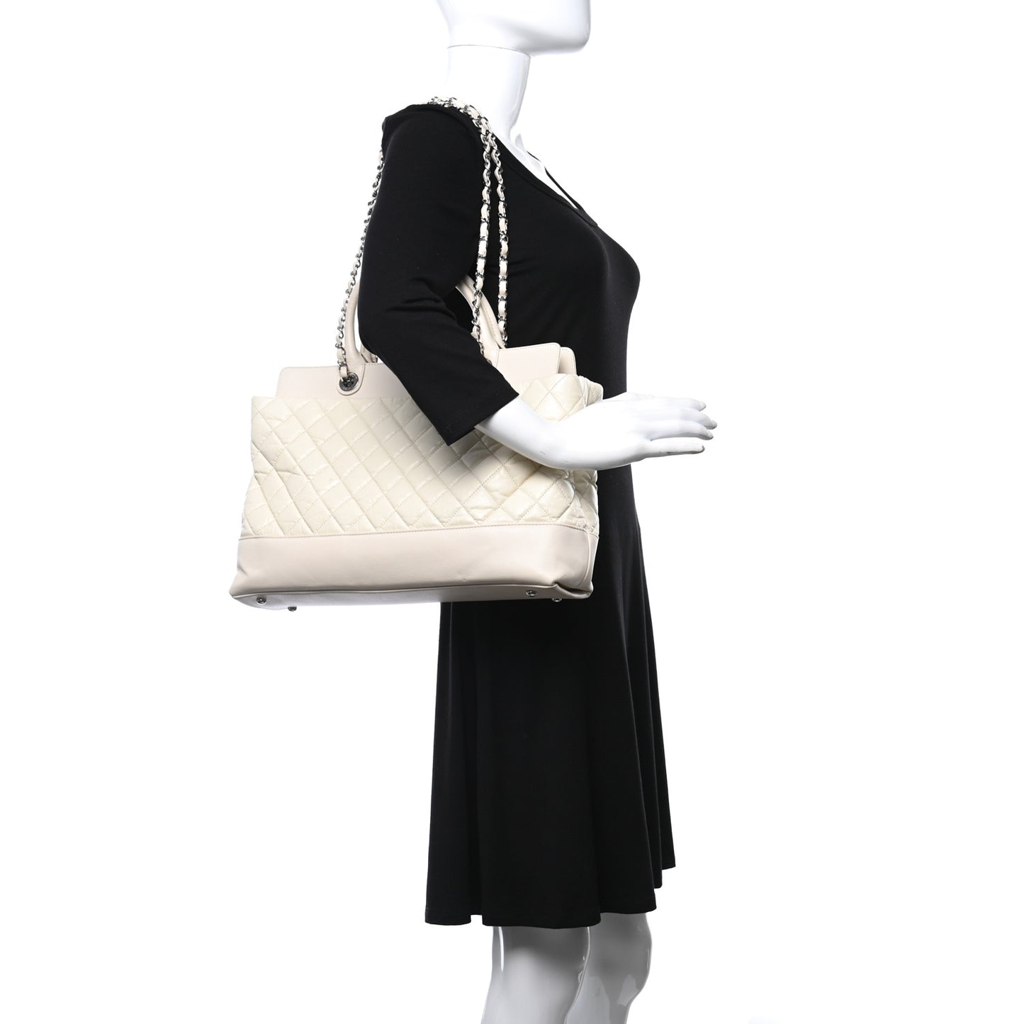 Aged Calfskin Quilted Be CC Tote Dark White